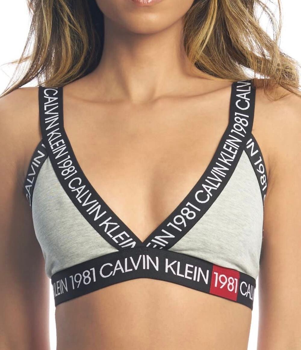 Calvin Klein 1981 Bold Cotton Unlined Bralette XL Gray Logo Strappy Bra